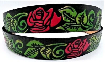 ROSES FLORAL FLOWER EMBOSSED 100% GENUINE COWHIDE LEATHER BELT SIZE 26-48 USA - Image 1 of 3