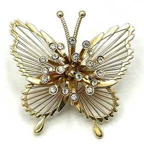 Vintage Gold Tone MONET Harp Butterfly Rhinestone Brooch Pin - Picture 1 of 8