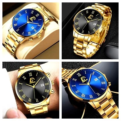 Mens Watch Business Gold Stainless Steel Gents Quartz Analogue Wrist Watch Blue - Image 1 of 4