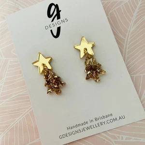 KIDS Earrings - Acrylic - GOLD GLITTER - Christmas Tree - Gold Mirror Acrylic... - Picture 1 of 4