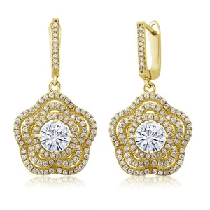 18K Yellow Gold Plated Silver White Moissanite Flower Dangle Earrings For Women - Picture 1 of 4