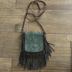 Genuine Leather Crossbody Waist Bag Fringe Brown Leather with Green Bejeweled - Picture 1 of 8