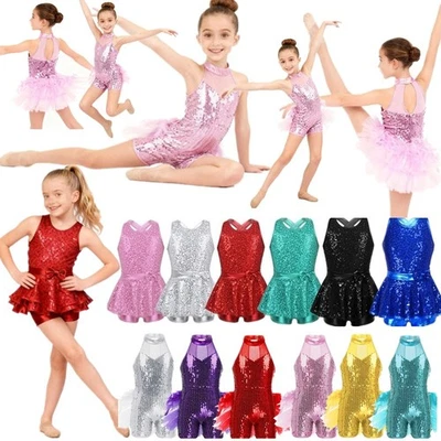 Girls Kids Sequisn Modern Jazz Dance Tutu Dress Gym Ballet Latin Leotard Costume - Image 1 of 3