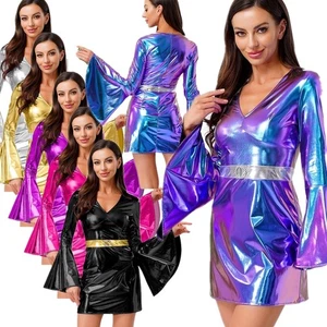 Women's Shiny Metallic 70s Disco Dress V Neck Flared Sleeves Halloween Costumes - Picture 1 of 74