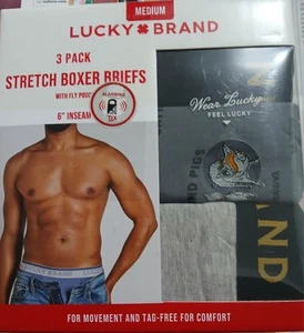 Lucky Brand 3 Pack Stretch Boxer Briefs with Fly Pouch Medium 32-34 With Pig - Picture 1 of 4