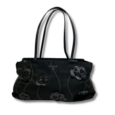 Bolso de Mano PRADA Flor Mano Nylon Negro Damas Diseñador Vintage 21×35×7.5 NNAt12 Foto 1 de 4