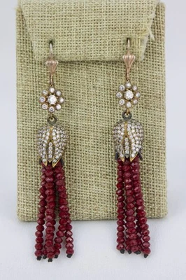 Pendientes de tulipán/flor de latón cubierto de cristal, cuentas de vidrio rojo, 18 gr Foto 1 de 4