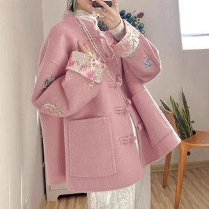 Abrigo de lana de doble cara estilo chino bordado medio largo cuello chaquetas  - Imagen 1 de 12