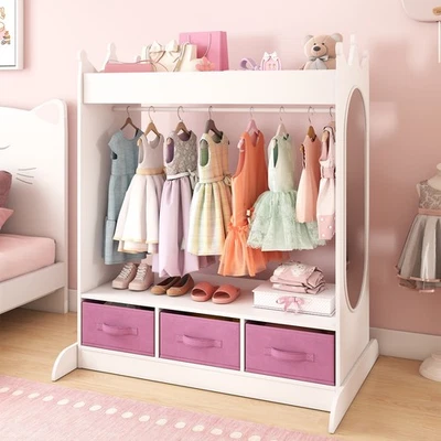 White Kids Dress Up Pretend Closet Armoire Wardrobe Girl Gift with Mirror,Drawer - Image 1 of 4
