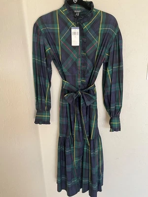 Lauren Ralph Lauren Sz 4 Tartan Plaid MIDI Prairie Dress Navy Green Tie Belt NWT - Image 1 of 4