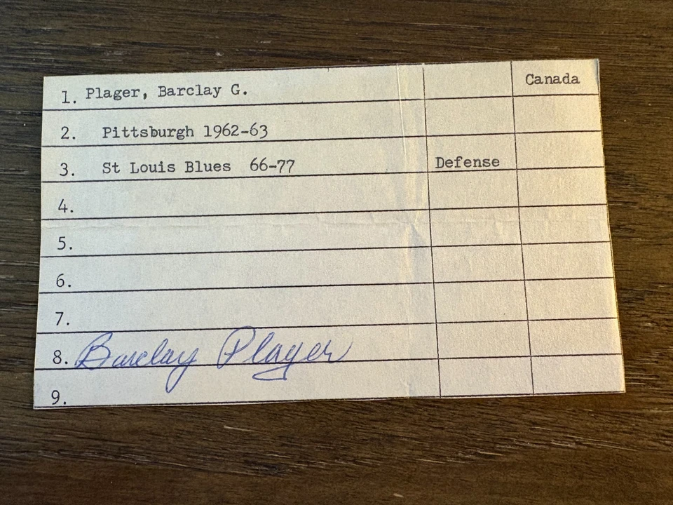 Tarjeta índice Barclay Plager St. Louis STL Blues firmada autógrafo hockey 3x5 corte Foto 1 de 1