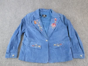 Sharif Collections Jacket Womens Blue 1XL Plus Suede Blazer Embroidered Flowers - Picture 1 of 13