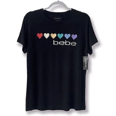 bebe T-Shirt Hearts Print Womens Size 1X Short Sleeves Black Stretch Spandex New - Image 1 of 4