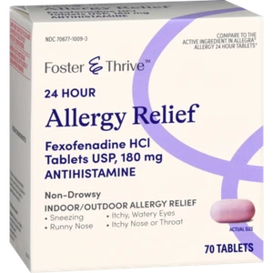 24 Hour Allergy Relief Fexofenadine HCI 180mg Tablets Foster & Thrive 70 Count - Picture 1 of 7