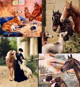 Greyhound Dogs and Horses Altered Vintage Art Cards set of 4 w/envelopes - Picture 1 of 5