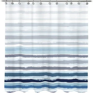 Blue Textured Slubbed Fabric Shower Curtain, Blue and White Stripe Curtains - Picture 1 of 1