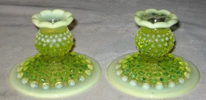 2 1940 ANTIQUE FENTON VASELINE OPALESCENT HOBNAIL ART GLASS TOPAZ CANDLE HOLDER - Picture 1 of 4