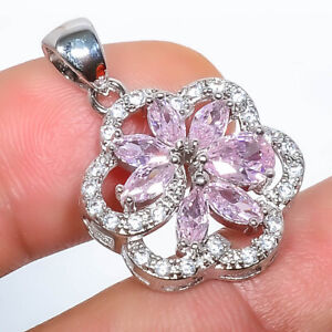 Pink Sapphire & Topaz White Gold Plated 925 Sterling Silver Pendant 1.17" P8-267