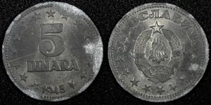 Yugoslavia zinc 1945 5 dinara edición Segunda Guerra Mundial 26,5 mm 1 año tipo UNC KM# 28 (24 548) - Imagen 1 de 3