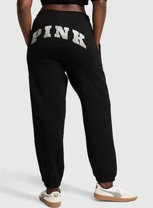 Victoria Secret PINK 🩷 Ivy Fleece Campus Sweatpants Logo Holiday Black XL VS322 - Picture 1 of 4