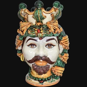 Testa di moro in Ceramica Caltagirone uomo vaso portavasi soprammobile h 42 cm . - Picture 1 of 1
