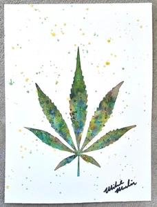 MARIJUANA LEAF Original Watercolor Painting Abstract CANNABIS WEED POT ART - Picture 1 of 1