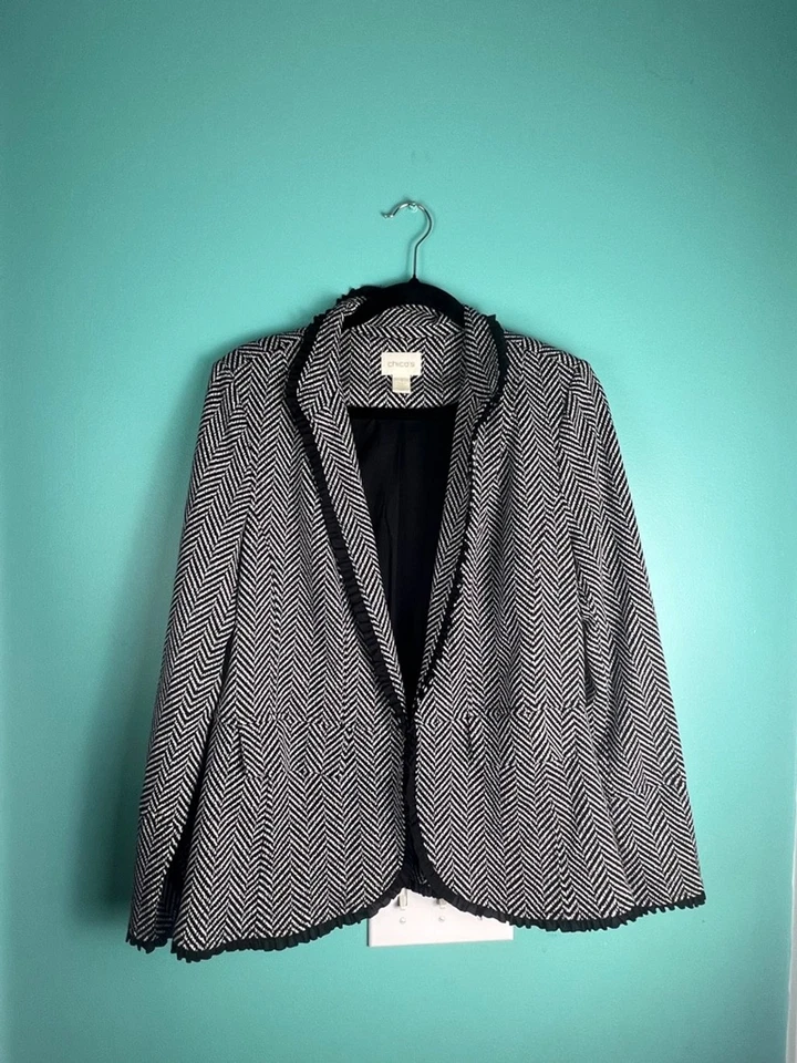 Chaqueta Blazer Mujer Chico's Negro Blanco Espiga Talla 8 Chicos 1 Foto 1 de 4