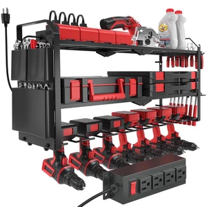 Organizador de Herramientas Eléctricas Montaje en Pared con Estación de Carga, Acero Resistente, 3 Sh... - Imagen 1 de 7