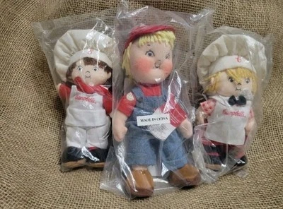 Bonecas de pelúcia colecionáveis Campbell's Soup Kids menina e menino chef 4” vintage - Imagem 1 de 4