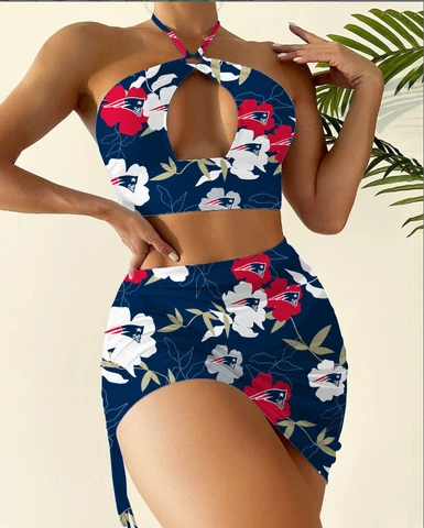 New England Patriots 2PCS Halter Cutout Bikini Set Bathing Suit Skirt Swimsuits Cover