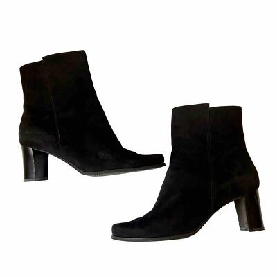 Mr. Shoes February Black Suede Ankle Boot Block Heel Side Zip Classic 9 Wide - Image 1 of 4