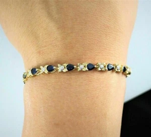 Lab Created Blue Sapphire Tennis 7" Women's Bracelet 14K Yellow Gold Plated - Picture 1 of 4