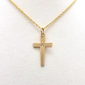 14k Gold Natural Diamond Cross Pendant Necklace 15in Satin Finish - Picture 1 of 5
