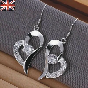 Women's 925 Sterling Silver Crystal Cubic Zirconia Heart Shape Drop Earring - Picture 1 of 1