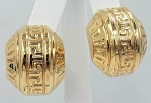 14k Yellow Gold Hollow Greek Key Pattern Earrings -Omega Clip - Picture 1 of 12