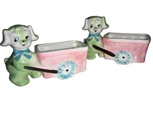 Enesco Vintage Planters Dog w/ Cart- green pink Japan Set of 2 - Picture 1 of 9