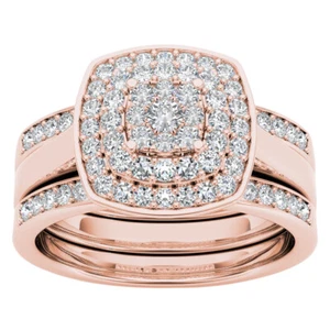14k Rose Gold 0.33 Ct Diamond Halo Engagement Ring for Women Size 7 Bridal Set - Picture 1 of 4