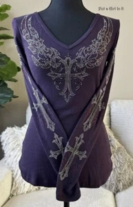 USA New VOCAL APPAREL CRYSTAL PURPLE SILVER CROSS WINGS LONG SLEEVE SHIRT S - Picture 1 of 4