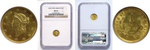 1849 $1 Gold Coin NGC MS-62 Open Wreath Cover
