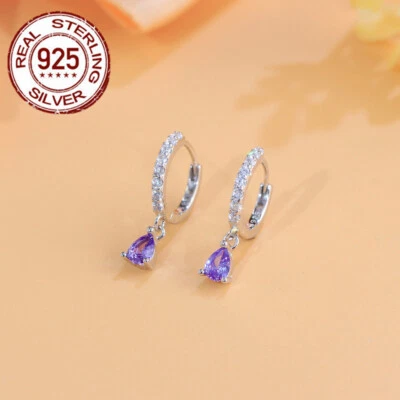 Elegantes Pendientes Huggie de Aro de Plata de Ley 925 con Gota de Agua Púrpura Foto 1 de 4