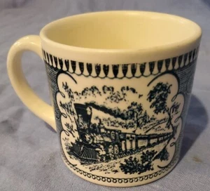 Currier & Ives Royal Express Train Coffee Mug Blue Transfer Good Used Condition! - Picture 1 of 12
