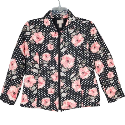 Chico’s Black Polka Dot Pink Floral Lightweight Puffer Jacket Full Zip Sz 1 (M) - Image 1 of 4