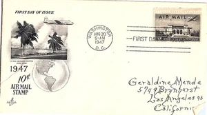 First Day of Issue For Air Mail 10 Cent Stamp Aug. 30 1947 Mail Cover FDC - Picture 1 of 1