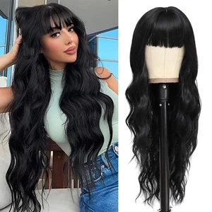 Women's 26'' Long Wavy Wig With Bangs, Synthetic Hair, Black - Bild 1 von 6