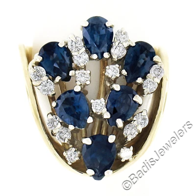 Anillo de cóctel vintage de diamantes y zafiros pera de 2,70 quilates de oro macizo de 14 quilates de 2,70 quilates Foto 1 de 4