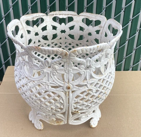 Large Vintage Cast Iron Planter Ornate Victorian Open Weave 12” Tall 12" Dia Cover