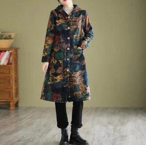 Womens Fashion Winter Hood Long Sleeve Loose Printed Coats Warm Padded Overcoats - Picture 1 of 3