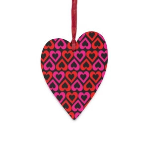 Valentines Wooden Heart Whimsical Ornament with Red Ribbon Magnetic 4 1/2 in - Picture 1 of 5