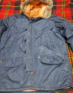 Vintage Sears Outerwear Mens Store Fur Trim Hood Parka Jacket Mens Size L Navy - Picture 1 of 7