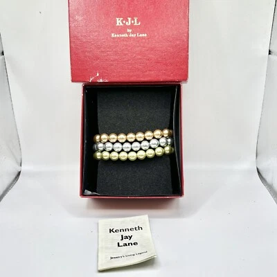 NEW Kenneth Jay Lane KJL First Lady PASTEL Simulated Pearl STACK 3 BRACELET SET Foto 1 de 3